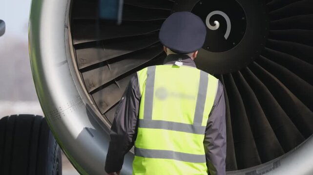 Airplane jet engine inspection. Airport terminal technician worker man airline maintenance ground crew aircraft. Safety.