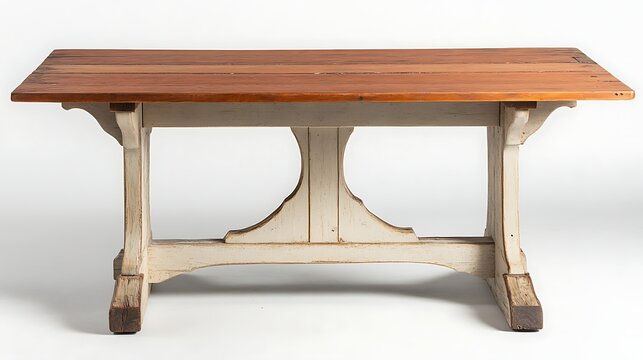 A farmhouse trestle table with a thick wooden top and painted base 