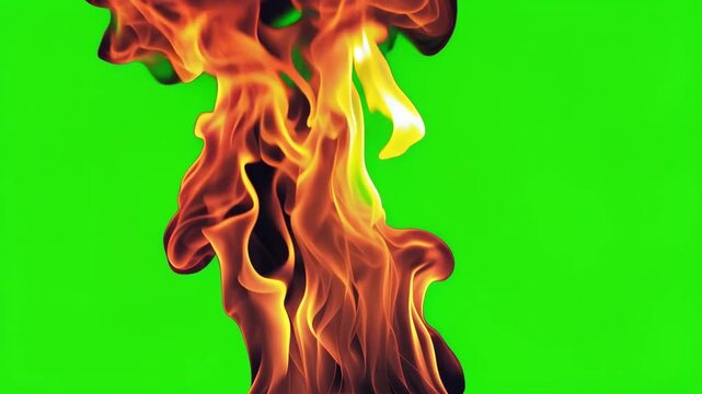 Fire flames on green screen background. Realistic fire effect with blazing flames rising on an isolated green screen background, Red bright fire flames dance against isolated background. Orange yellow
