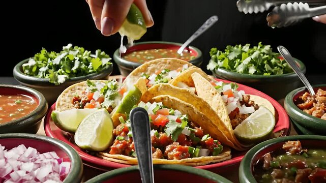 Mano exprimiendo lima sobre tacos mexicanos rodeados de salsas y toppings, banquete festivo para Cinco de Mayo, gastronom&iacute;a aut&eacute;ntica para publicidad de restaurantes y redes