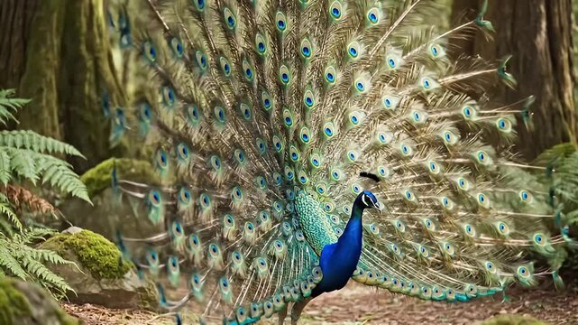 Majestic Peacock Displaying Feathers in Lush Forest Environment