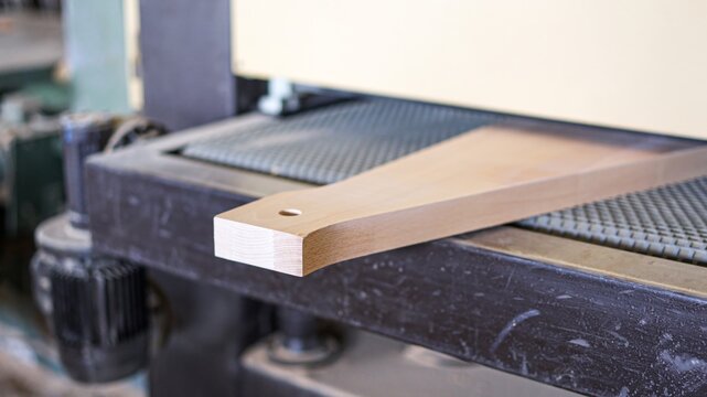 Precision woodworking machinery sanding timber component in workshop