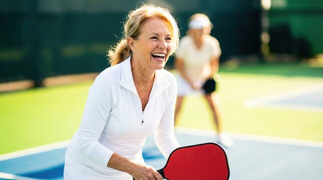 Happy senior woman playing pickleball on sunny outdoor court. Active retirement lifestyle and recreational sports for healthy older adults.