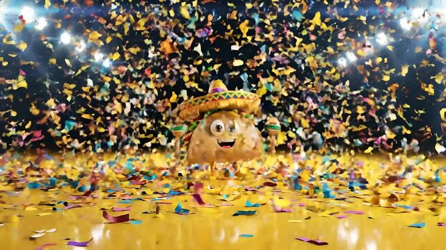 Taco animado celebrando con sombrero y maracas bajo lluvia de confeti, ideal para promociones de Cinco de Mayo, fiestas mexicanas y publicidad de comida r&aacute;pida festiva.
