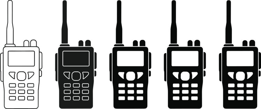 \Set of Five Walkie-Talkie Radio Silhouettes and Outlines for Wireless Communication IconsSet of Five Walkie-Talkie Radio Silhouettes and Outlines for Wireless Communication Icons