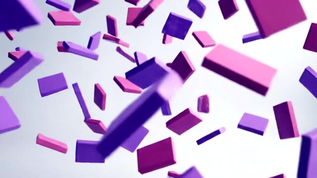 Abstract background with floating purple and pink geometric shapes in motion.