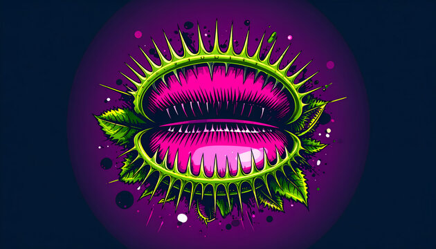 Bold graphic illustration of a venus flytrap with stylized teeth and vibrant pink interior in acid green generative AI