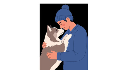 A young man wearing a beanie hat embracing his fluffy husky dog affectionately. © Ghushun_Ni'amillah