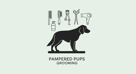 Fototapeta premium Dog grooming salon logo design with tools and silhouette.