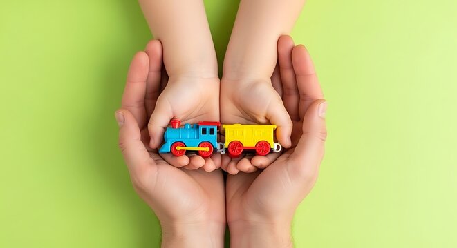 Father hands supporting child hands holding a toy train