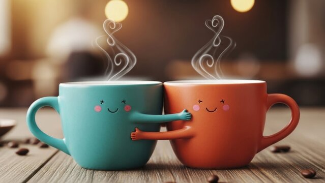 A heartwarming scene of two steaming coffee mugs with smiley faces touching each other on a wooden table
