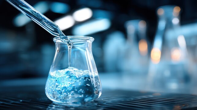 Precision Chemistry Experiment With Dropper Dispensing Liquid Into Flask In Laboratory