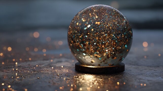 Sparkling sphere filled with swirling glitter particles on a dark surface