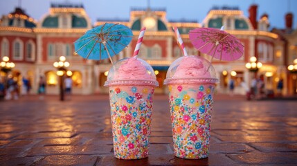 Naklejka premium Two Sweet Pink Frosted Drinks Adorned with Colorful Sprinkles and Paper Umbrellas