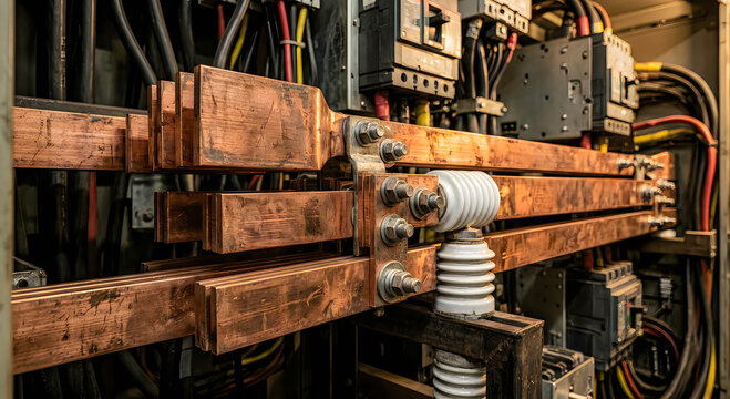 Copper Busbars in Industrial Electrical Power Distribution Panel
