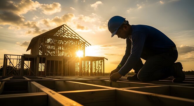 Construction worker kneeling on wooden floor joists of a house frame at sunset