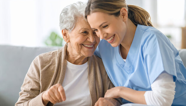 Asistente social o enfermera atendiendo a una mujer anciana sonriente con uniforme de hospital en una  residencia de mayores