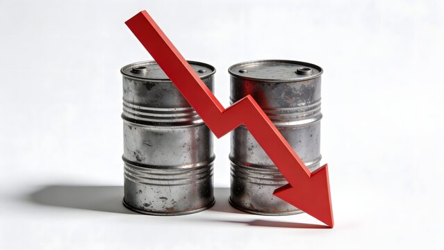 Two oil barrels with red downward arrow isolated on white background representing falling oil demand and price decline.