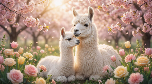 Llama mother with cria in blooming spring flowers, soft golden light and pastel tones create a fluffy and peaceful countryside scene full of warmth and love for Mother's Day