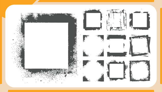 Collection of Distressed Grunge Square Frames Featuring Rough Ink Edges, Splatter Borders and Weathered Textured Box Elements Vector Illustration Set