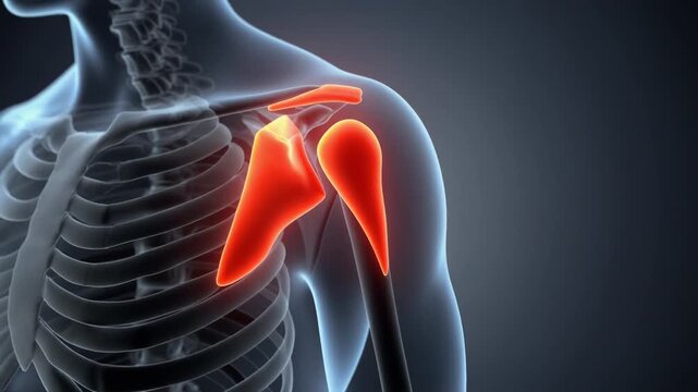 Detailed anatomical illustration of the human shoulder joint, highlighting the clavicle, scapula, and humerus bones in a vibrant red color against a translucent grey skeleton