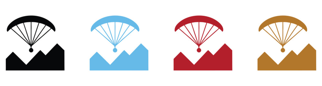Four colorful paragliding parachutes soaring over mountain landscapes at sunset