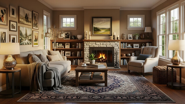 Cozy Living Room Interior Design with Fireplace and Books