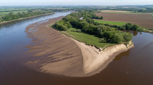 meander. Aerial view of a river making a sharp turn, water eroding the outer bank. ESG reports, sustainability campaigns, designed for environmental awareness campaigns, used by chefs.