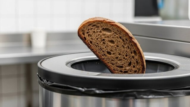 A slice of brown bread with a holey texture protrudes from a black and silver trash can