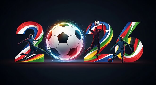 Soccer players kicking ball in colorful 2026, FIFA World Cup 2026, World Cup, World Cup 2026 with Soccer Ball, Vibrant Stadium, International Flags, Global Football Celebration