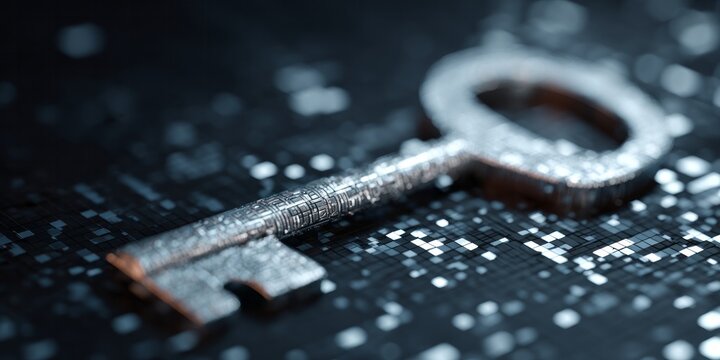 Metallic digital key rests upon a background of glowing electronic data points