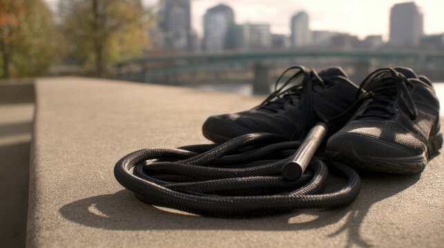 Coiled Jump Rope and Athletic Shoes Outdoors with Cityscape Background