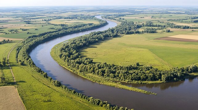 meander. Aerial view of a river making a sharp turn, water eroding the outer bank. ESG reports, sustainability campaigns, designed for environmental awareness campaigns, used by chefs.