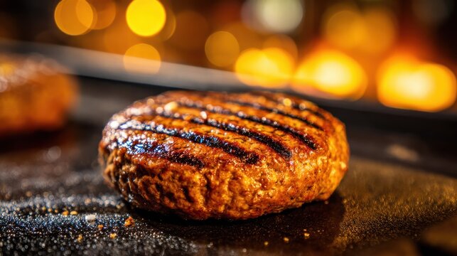 Perfectly Grilled Beef Burger Patty on a Grill