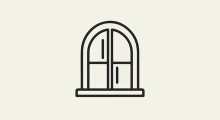 Fototapeta premium Stylized arched window with four panes and a sill, rendered in simple black lines on a cream background