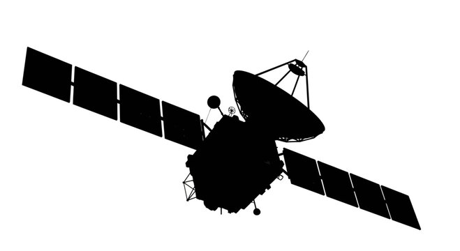 A black silhouette illustration of a satellite orbiting in space with solar panels d2 57