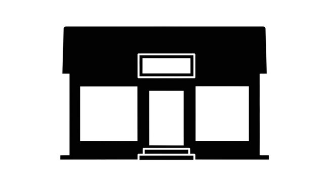 A black and white illustration of a building's facade with a door and windows d2 91