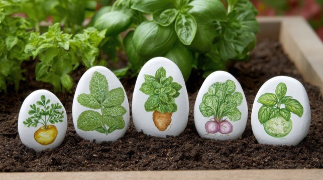 Charming hand-painted ceramic garden markers depicting fresh herbs and vegetables on stones