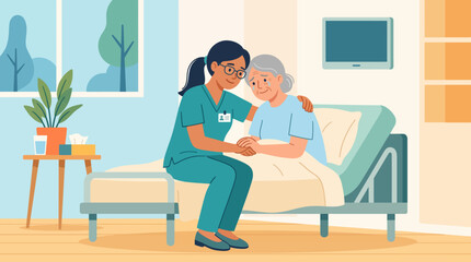 Fototapeta premium Caring caregiver provides comforting assistance to elderly person at home.