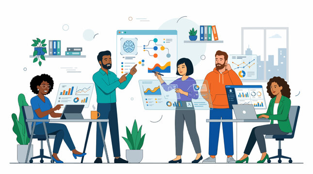 Diverse team presenting ideas during a collaborative office brainstorming session.