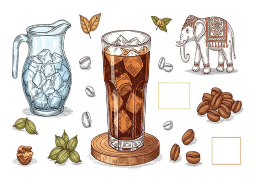 Refreshing Iced Coffee Illustration with Brewing Ingredients and Cultural Elements Collection Set