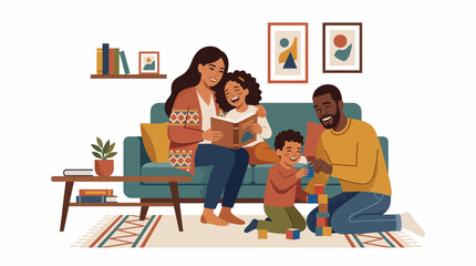 Fototapeta premium A Multigenerational Family Enjoys Story Time Together on a Cozy Living Room Sofa.