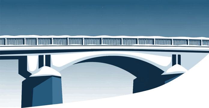 A snow-covered bridge arches over dark, cold water under a pale blue sky