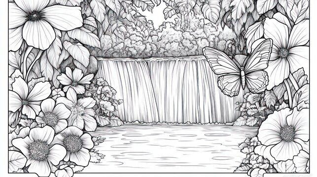 Peaceful Waterfall Scene in Floral Frame, Coloring Book Illustration