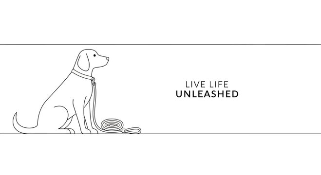 Minimalist line art illustration of a sitting dog with a leash and the text Live Life Unleashed.