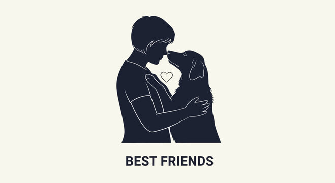 Silhouette illustration of a woman hugging her best friend dog.