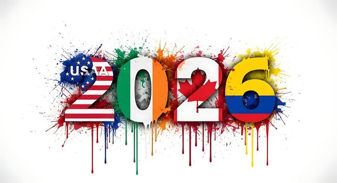 A colorful 2026 logo with FIFA World Cup 2026, World Cup, World Cup 2026 with Soccer Ball, Vibrant Stadium, International Flags, Global Football Celebration