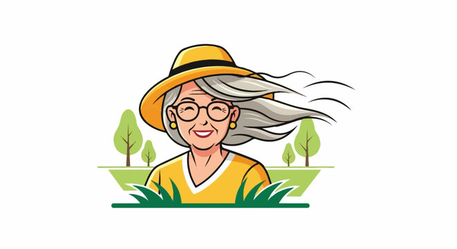 Cheerful senior woman in a sun hat, with windblown hair, smiling outdoors