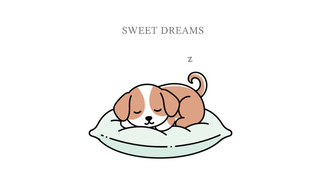 Cute cartoon puppy sleeping peacefully on a soft pillow with sweet dreams text.