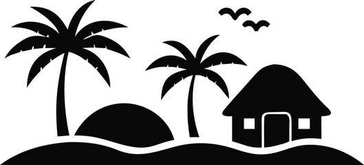 Tropical island with palm trees huts and ocean waves scenic beachside view. © Gfx Foysal